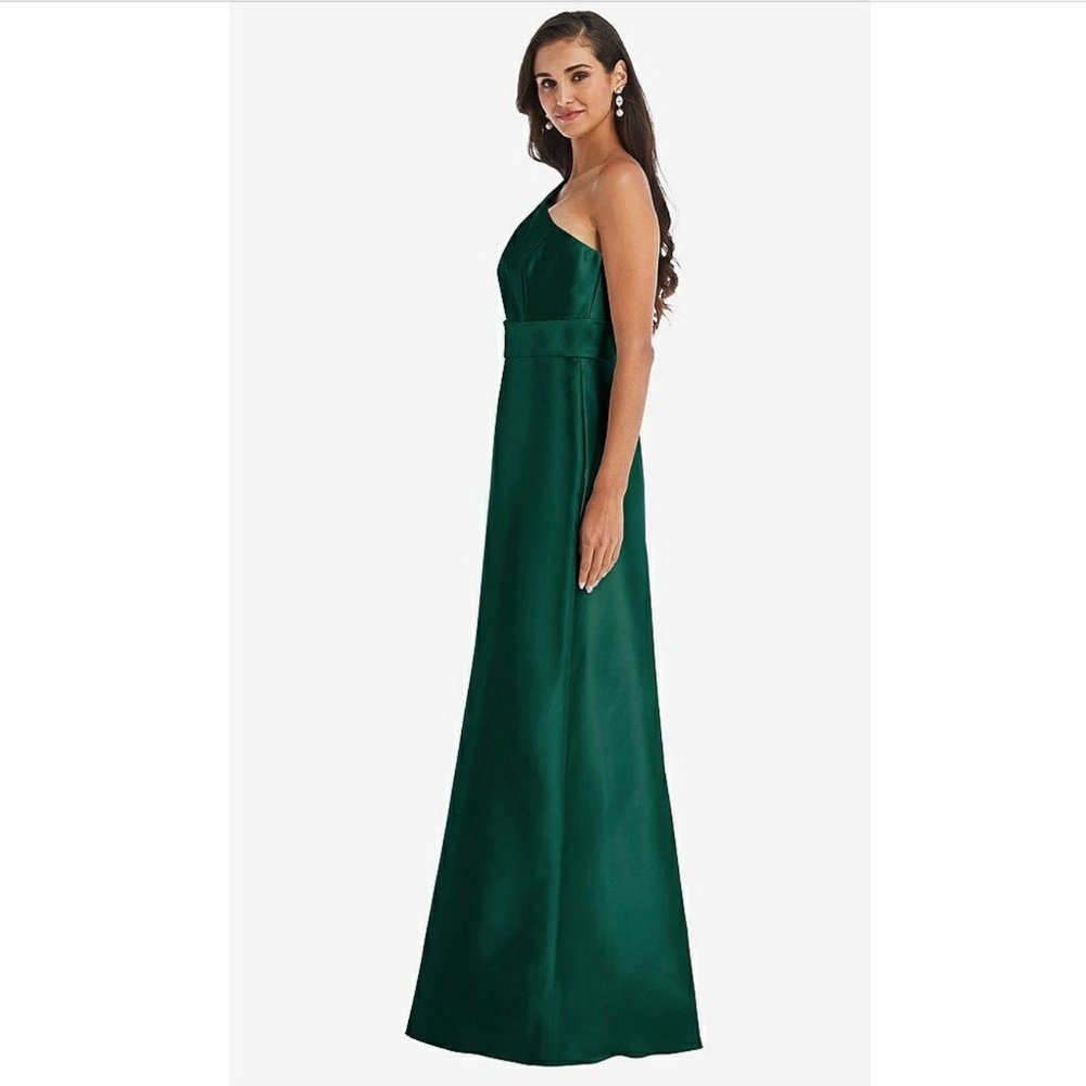 Alfred Sung: DRAPED ONE-SHOULDER SATIN MAXI DRESS WITH POCKETS (NWT) - Picture 5 of 6